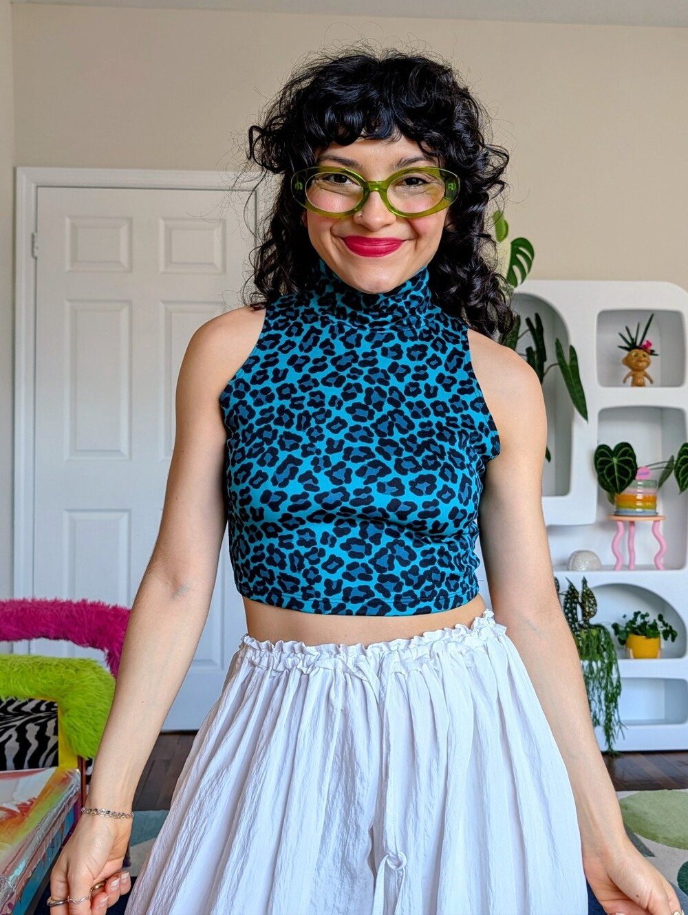 Blue leopard print crop top with high neck